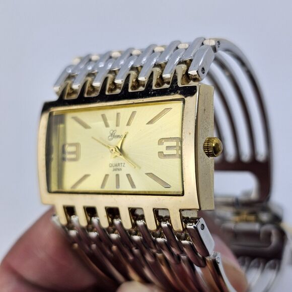 Geneva Watch Women 40MM Gold Dial Gold Gray Tone Bracelet Band 7.5" New Battery - Picture 6 of 15